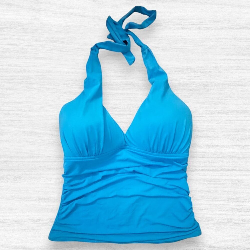 LA BLANCA Island Goddess Halter Tankini Top Turquoise Blue 34DD